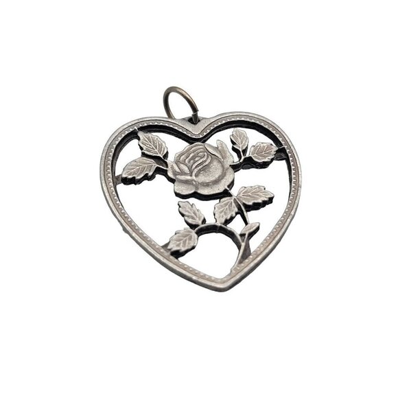 Pewter Rose Heart Design Pendant Silver Tone Unsigned - Picture 1 of 5